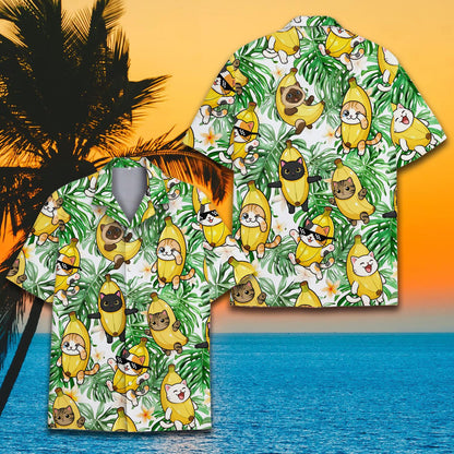 Family group wearing matching family hawaiian shirts outdoors
