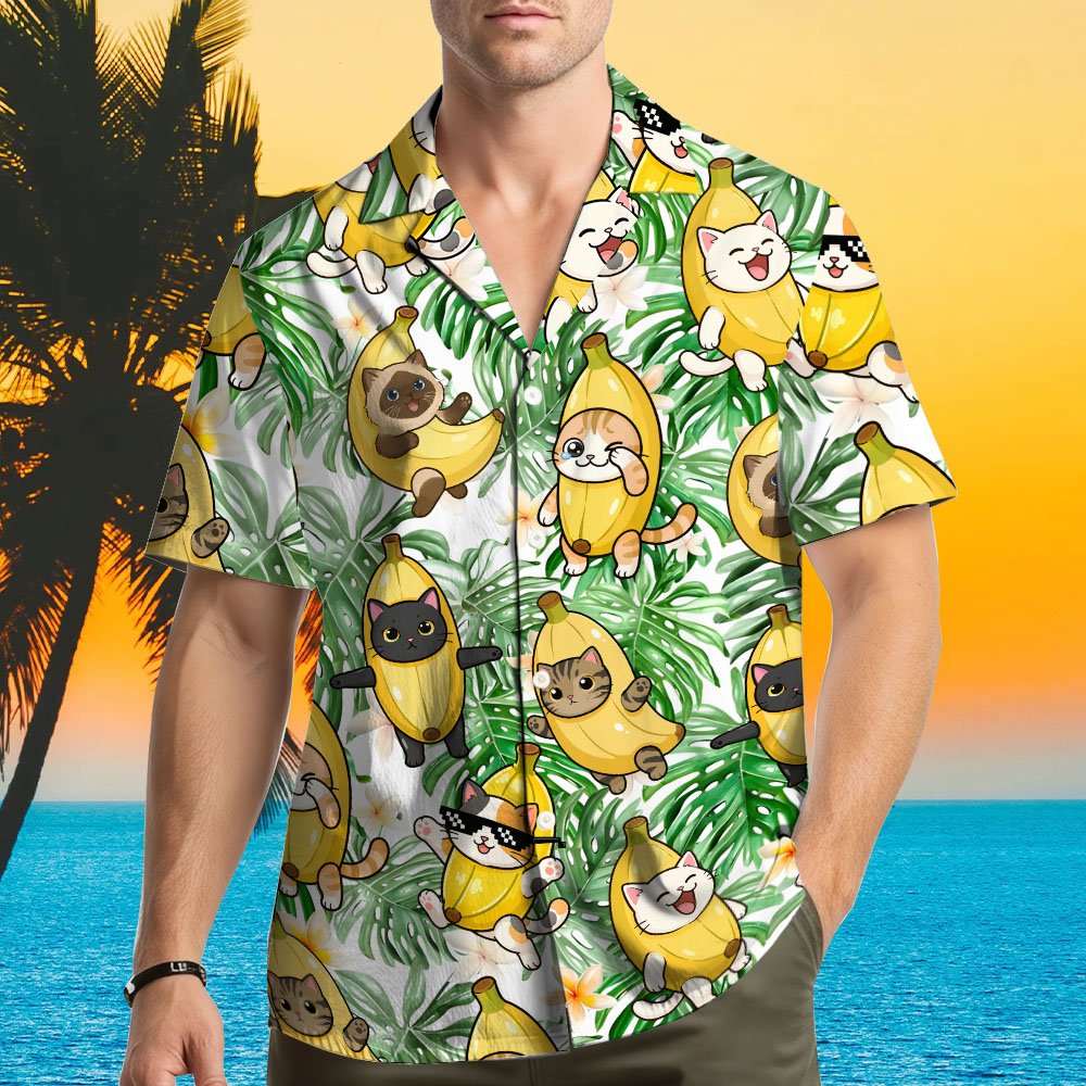 Family wearing matching family hawaiian shirts in a lifestyle setting