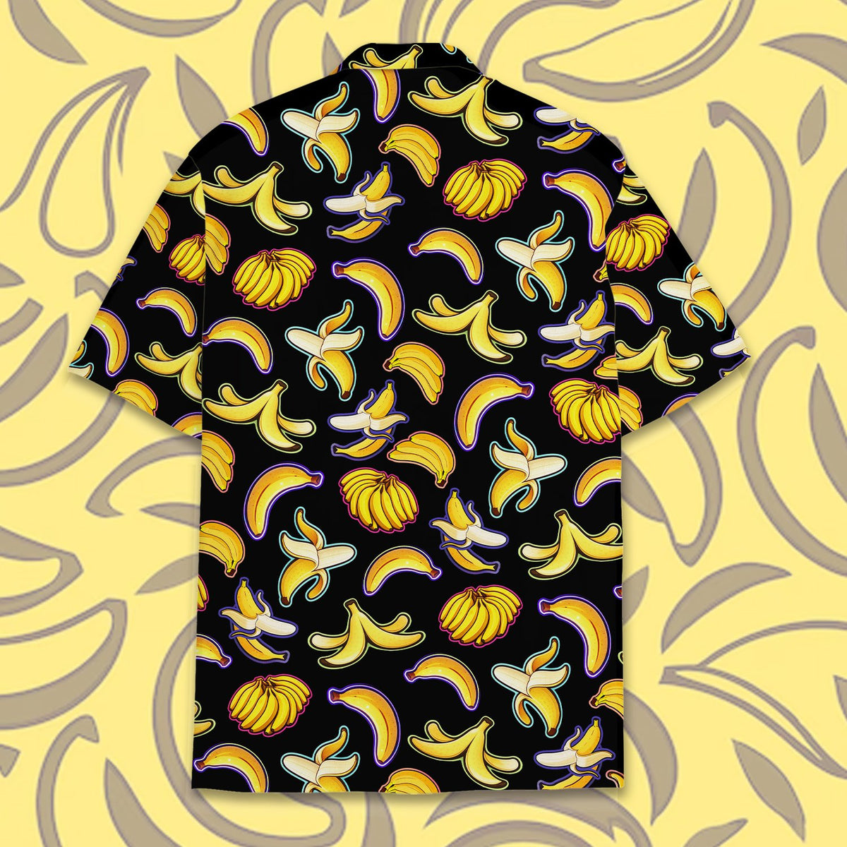 Back flat lay showing the banana repeating pattern on the black fabric
