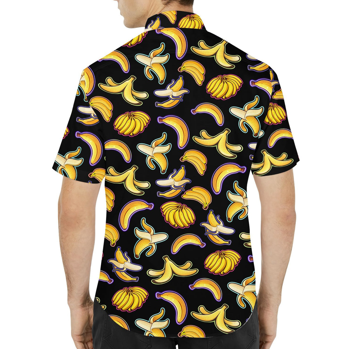 Back view of the black bananas hawaiian shirt for matching family outfits