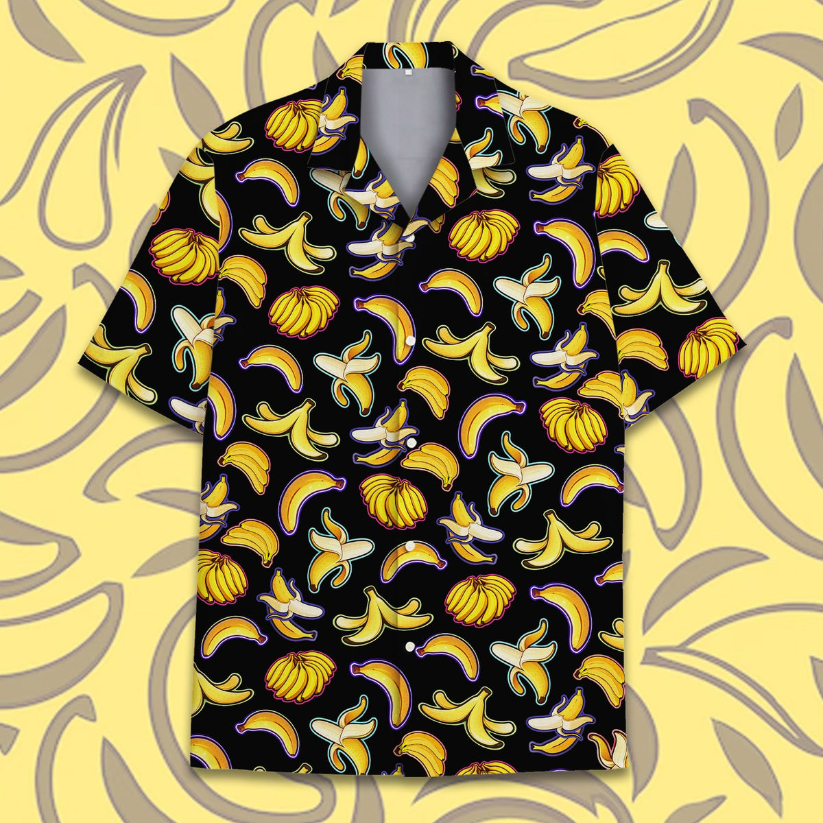 Front flat lay of the black bananas button-down hawaiian shirt