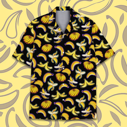 Front flat lay of the black bananas button-down hawaiian shirt
