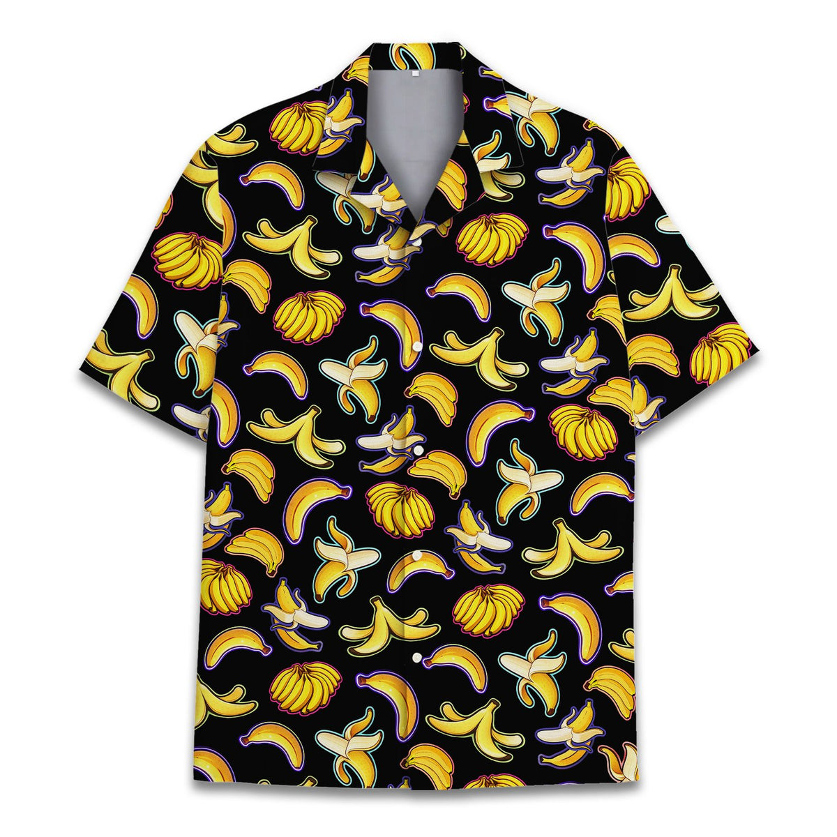 Detailed front view showing the vibrant banana print on the black hawaiian shirt