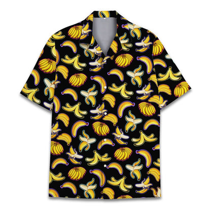 Detailed front view showing the vibrant banana print on the black hawaiian shirt