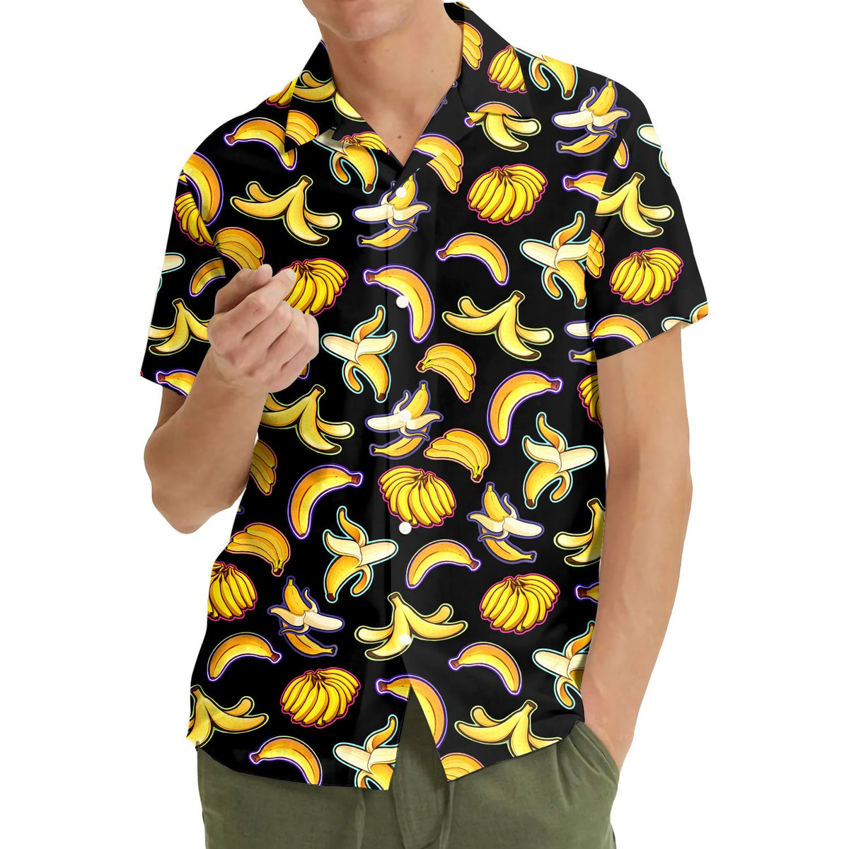 Main view of the black bananas hawaiian shirt with bright yellow banana pattern