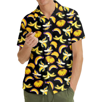 Front view of the black matching family hawaiian shirt featuring bananas