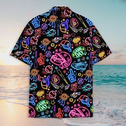 Black baseball hawaiian shirt with neon graphics, back view