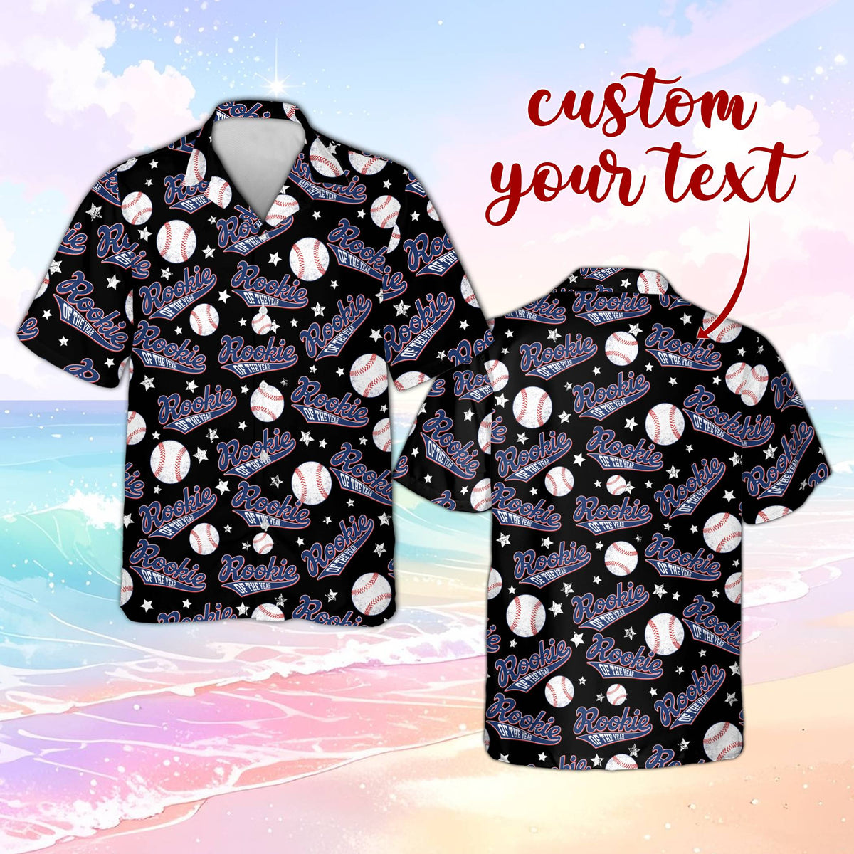 Black baseball hawaiian shirt front view with rookie design