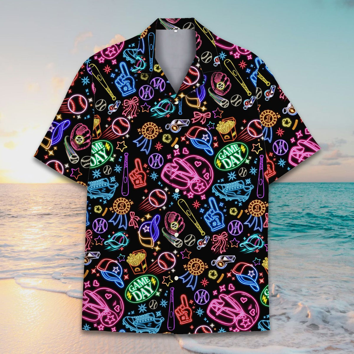 Black baseball hawaiian shirt with neon graphics, alternative front view