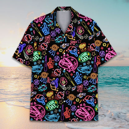 Black baseball hawaiian shirt with neon graphics, alternative front view