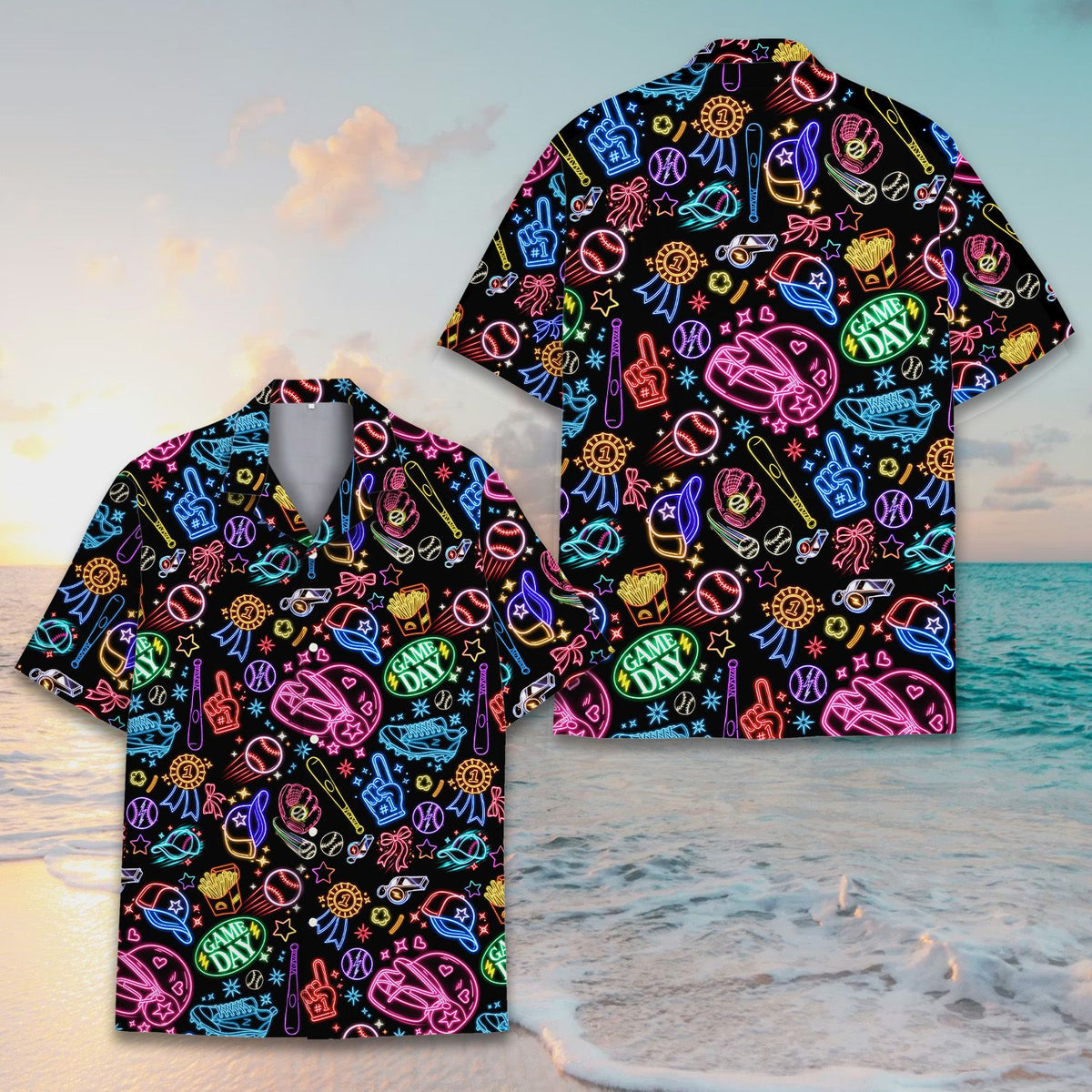 Black baseball hawaiian shirt with neon graphics, secondary front view