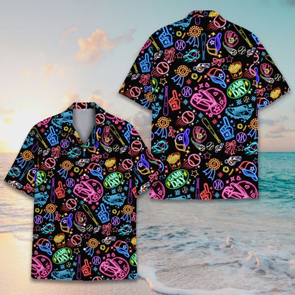 Black baseball hawaiian shirt with neon graphics, secondary front view