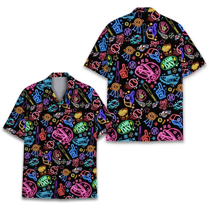 Black baseball hawaiian shirt with neon graphics, close front view