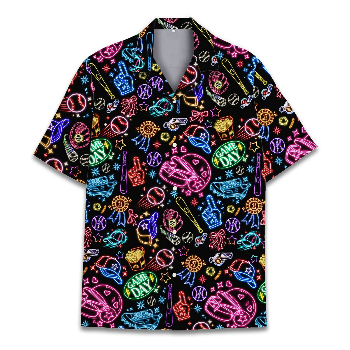 Black baseball hawaiian shirt with neon graphics, main view