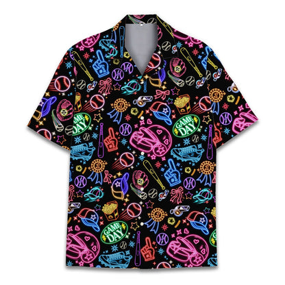 Black baseball hawaiian shirt with neon graphics, main view