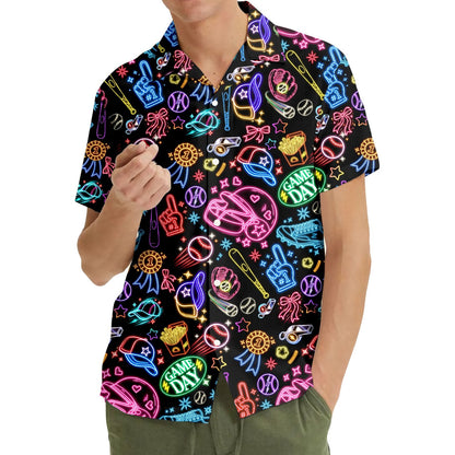 Second lifestyle view of matching family hawaiian shirts with neon baseball design