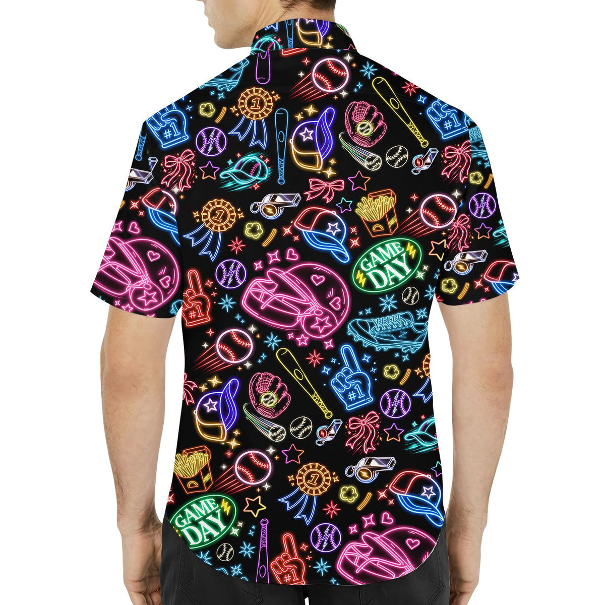 Third lifestyle view of matching family hawaiian shirts with neon baseball design