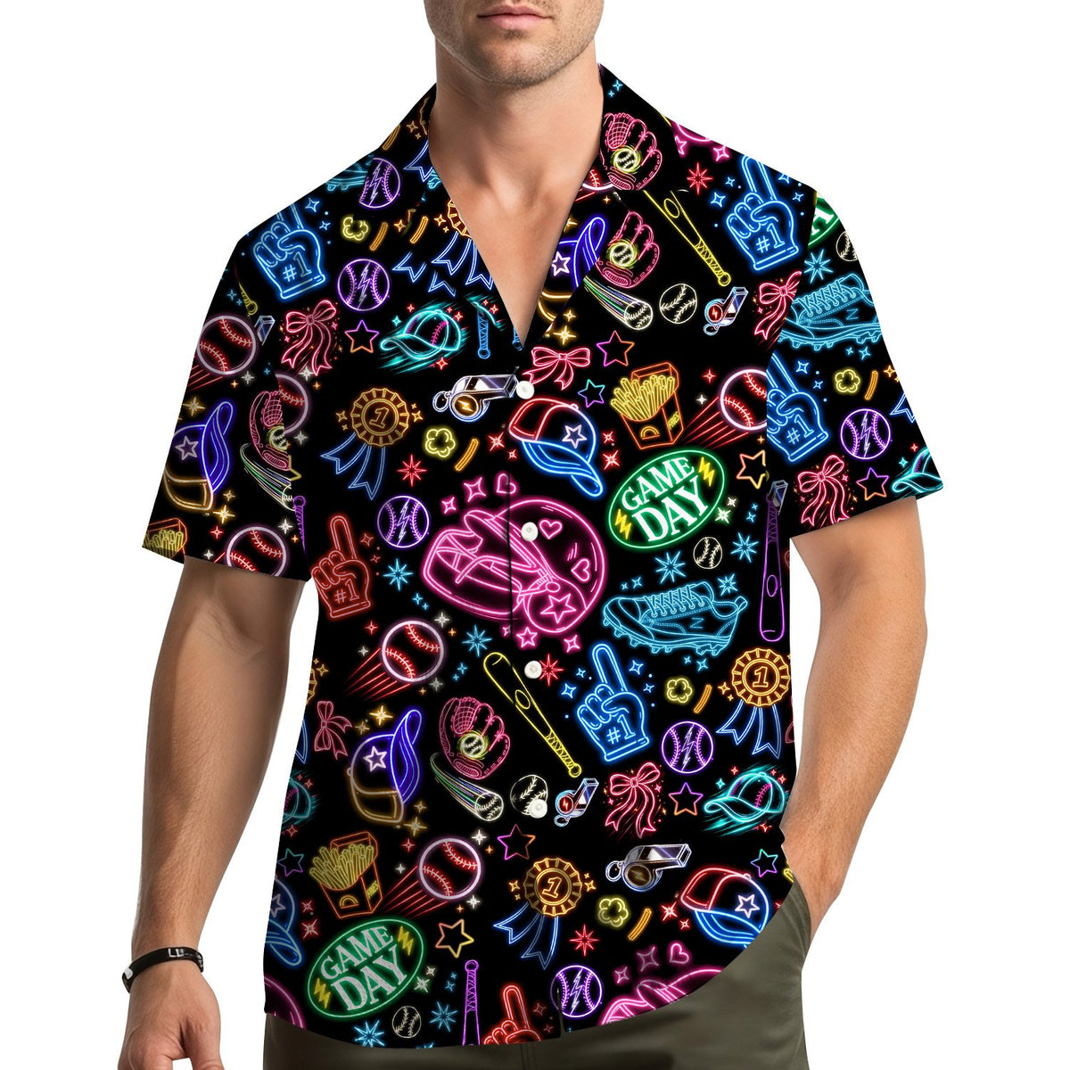 Lifestyle view of matching family hawaiian shirts with neon baseball design
