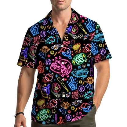 Lifestyle view of matching family hawaiian shirts with neon baseball design