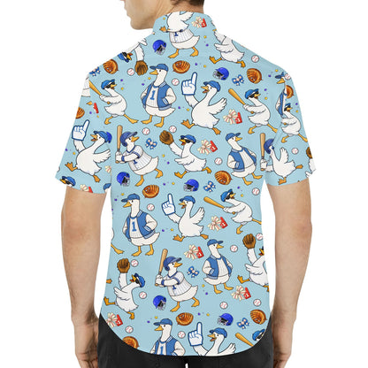 Back view of the light blue baseball duck hawaiian shirt