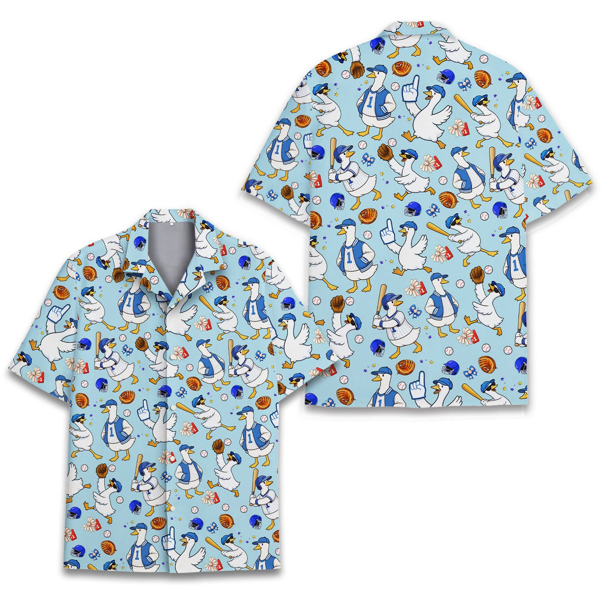 Additional front view of the blue baseball hawaiian shirt