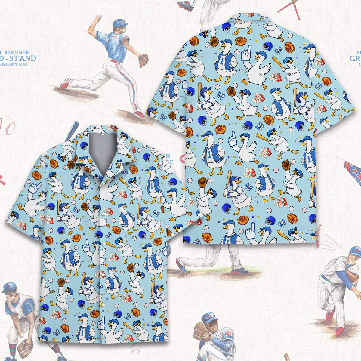 Close-up front view of the matching family hawaiian shirts featuring a duck pattern