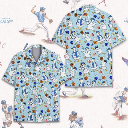 Close-up front view of the matching family hawaiian shirts featuring a duck pattern