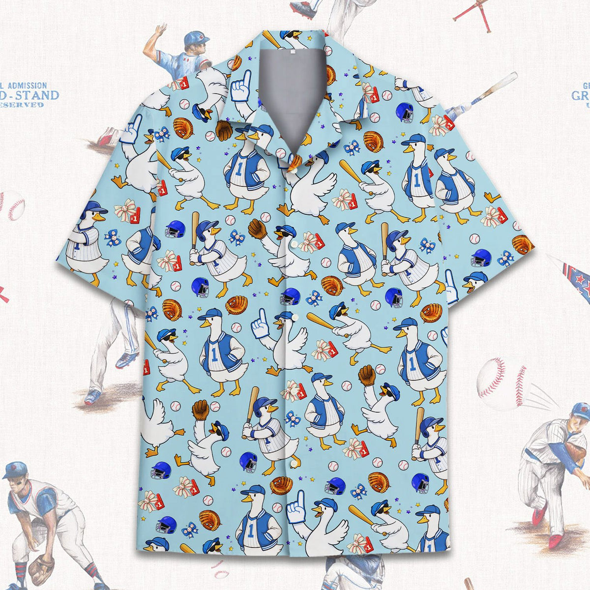 Front view of the baseball duck hawaiian shirt for family matching