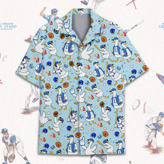 Baseball duck hawaiian shirt in light blue with cartoon ducks playing baseball, main view