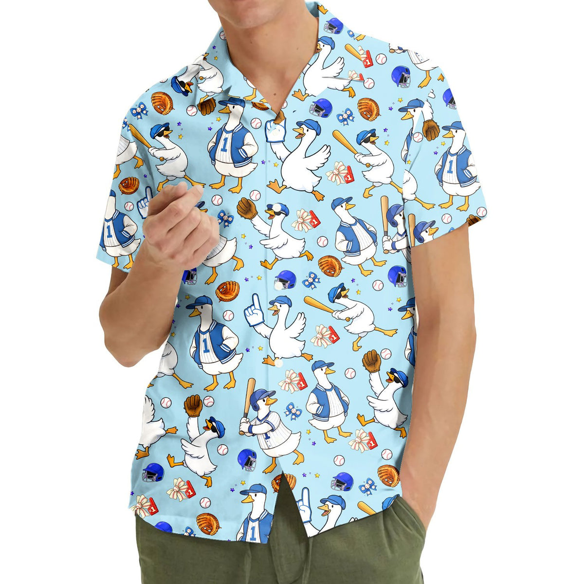 Lifestyle view of a person wearing the baseball duck hawaiian shirt outdoors