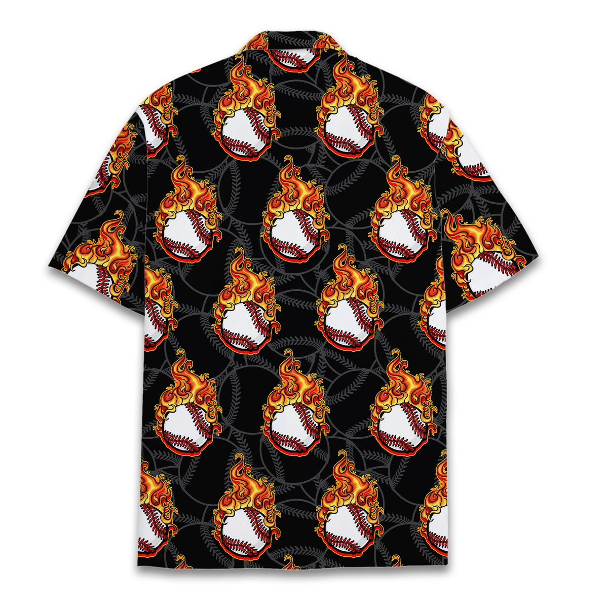 Matching family hawaiian shirt with baseball flames print, back view