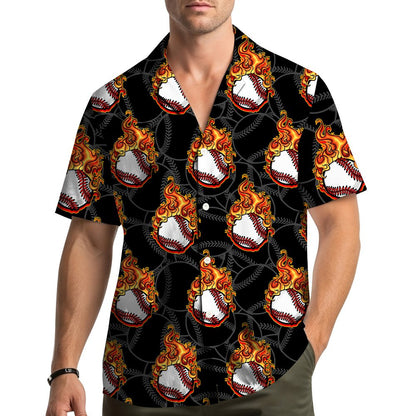 Matching family hawaiian shirt with baseball flames print, front view