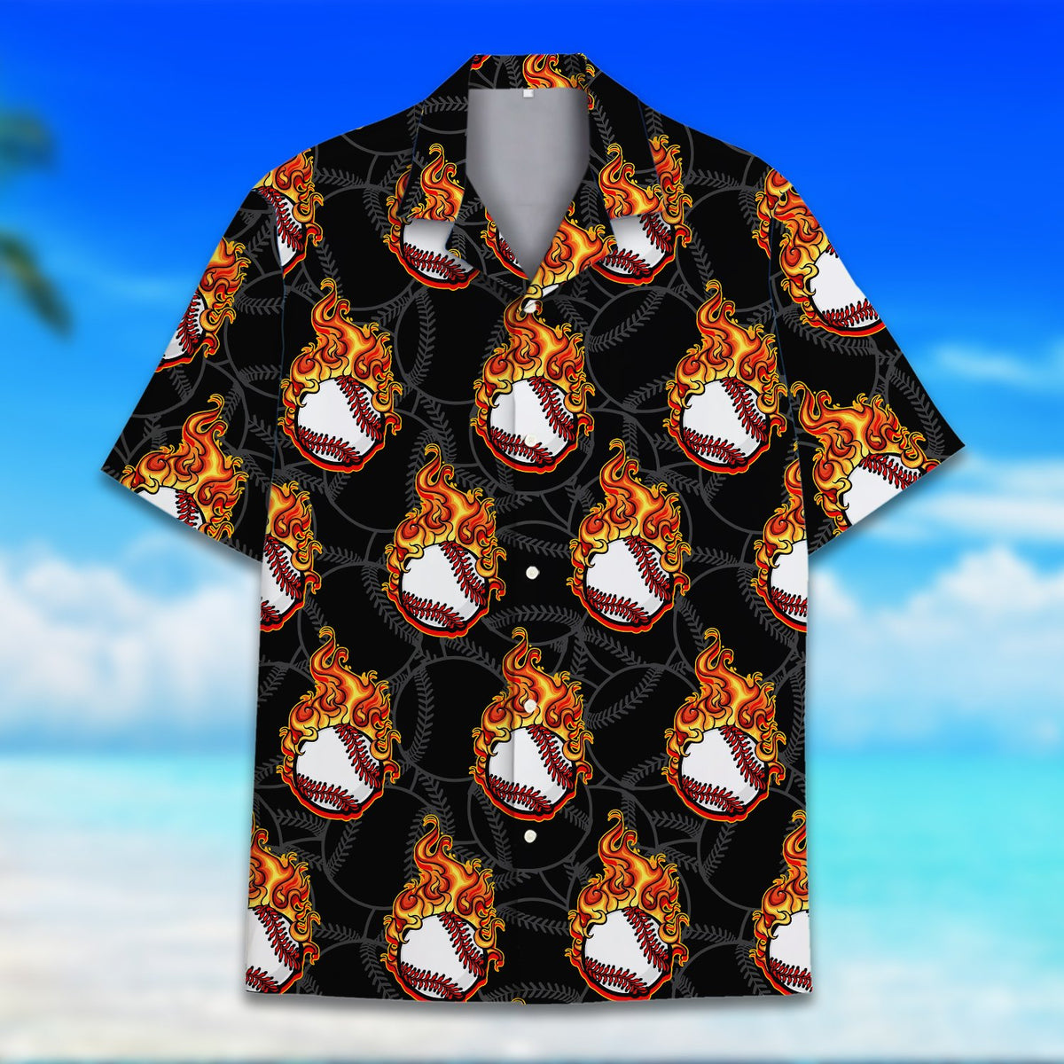 Third lifestyle view of matching family hawaiian shirt with baseball flames