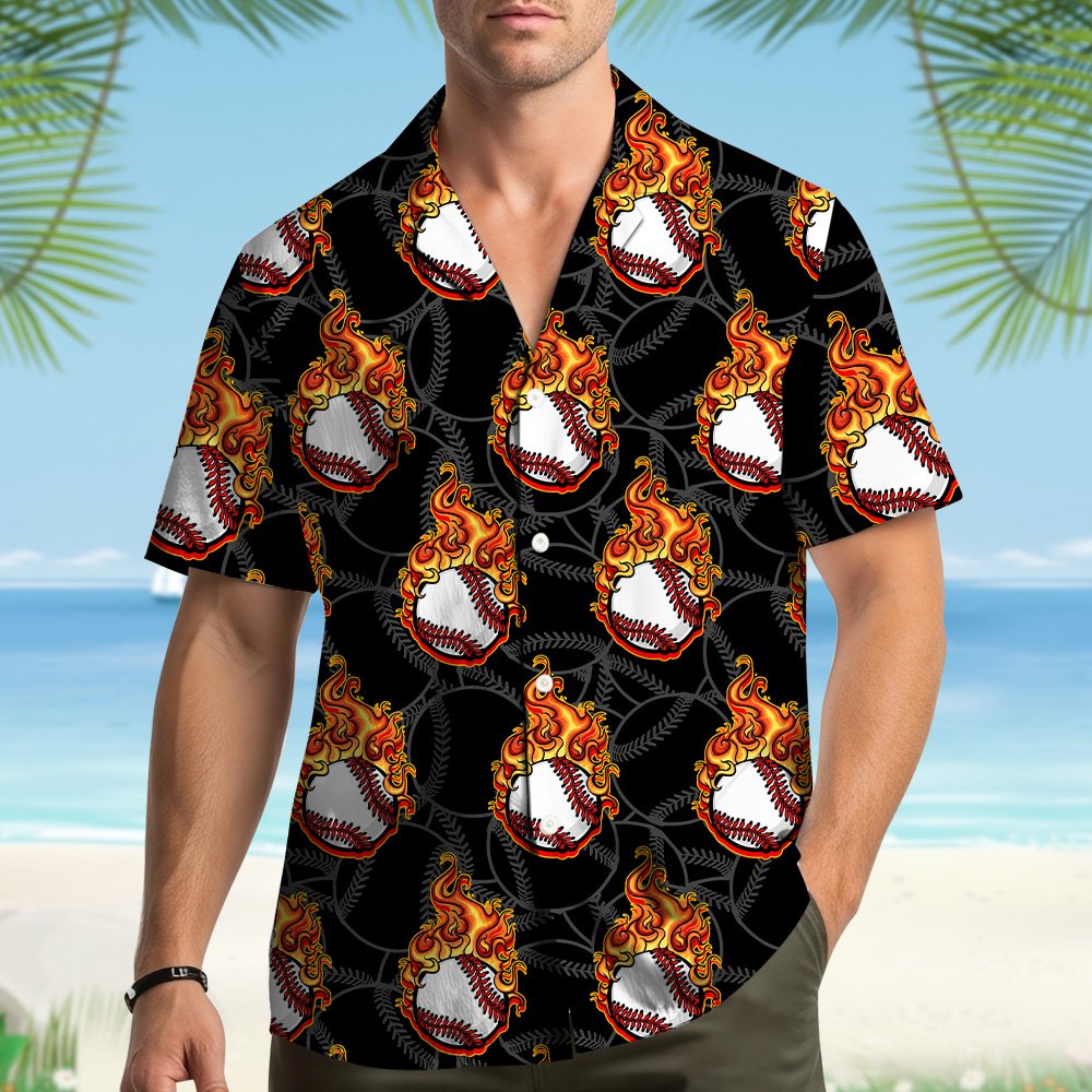 Lifestyle view of matching family hawaiian shirt with baseball flames
