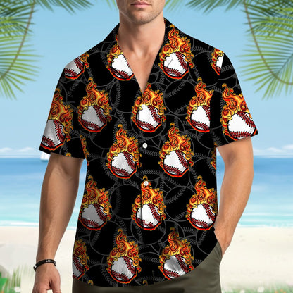 Lifestyle view of matching family hawaiian shirt with baseball flames