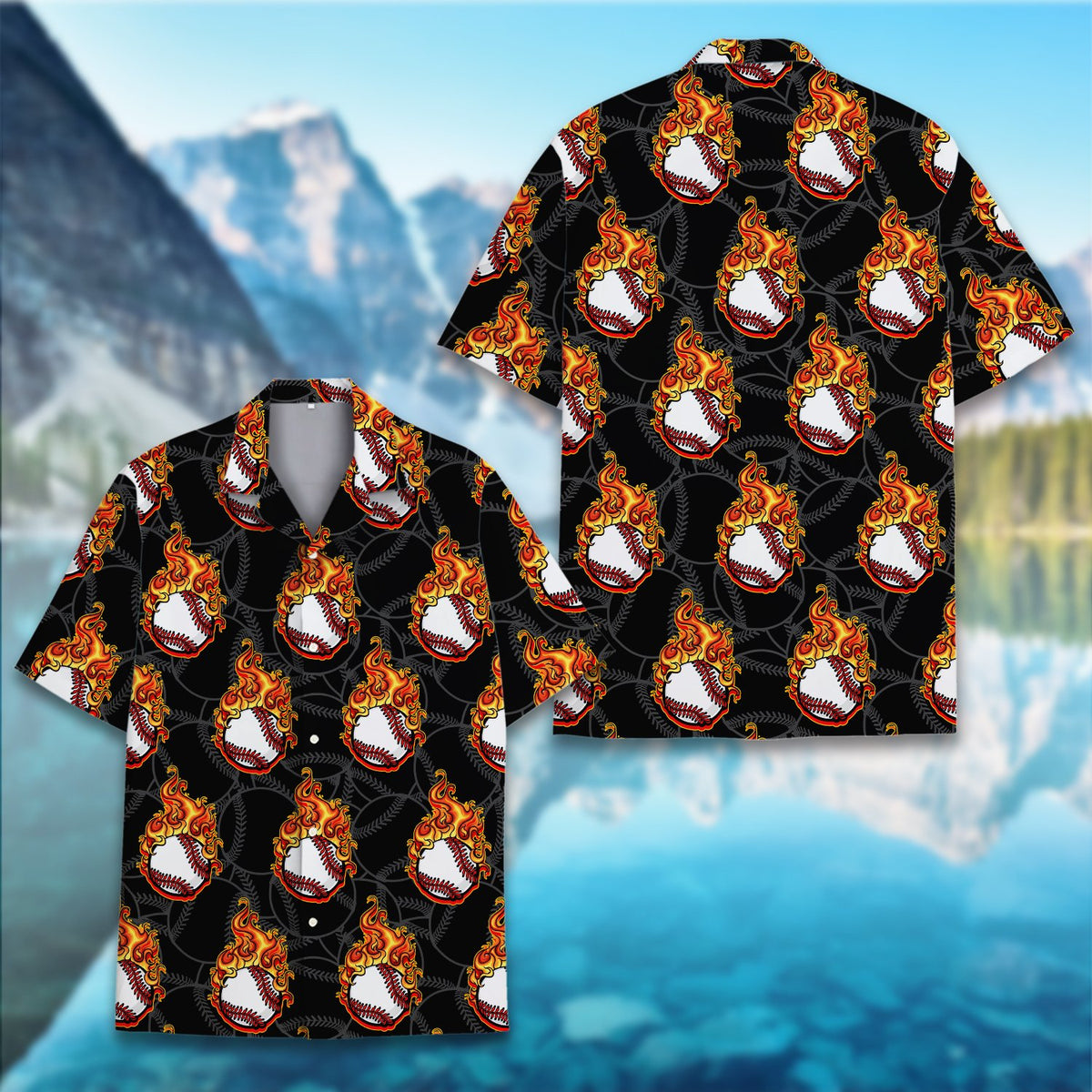 Alternate detailed view of the baseball flames hawaiian shirt