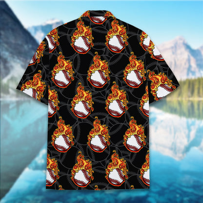 Close-up view of the black baseball hawaiian shirt collar