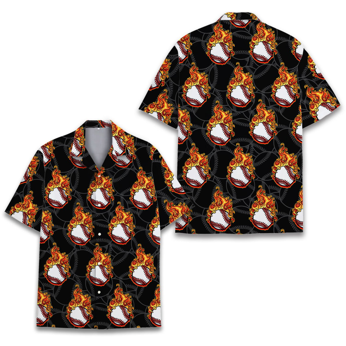 Detailed view of the baseball flames hawaiian shirt pattern