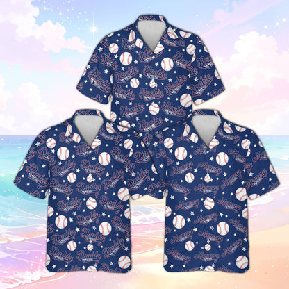 Matching family hawaiian shirts featuring baseball theme front view