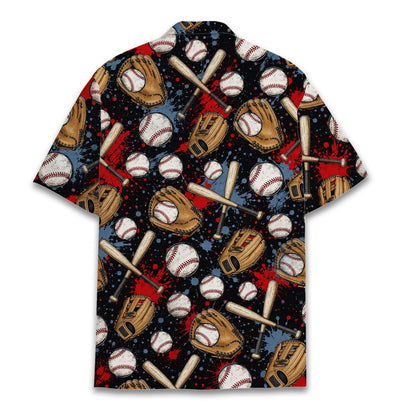 Back view of the black baseball hawaiian shirt highlighting the all-over print