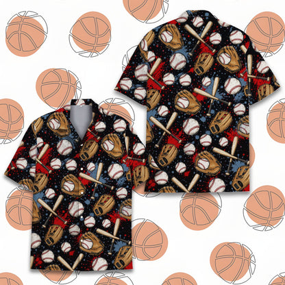 Close-up front view of the baseball and gloves pattern on the hawaiian shirt