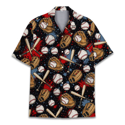 Flat lay front view of the black baseball hawaiian shirt