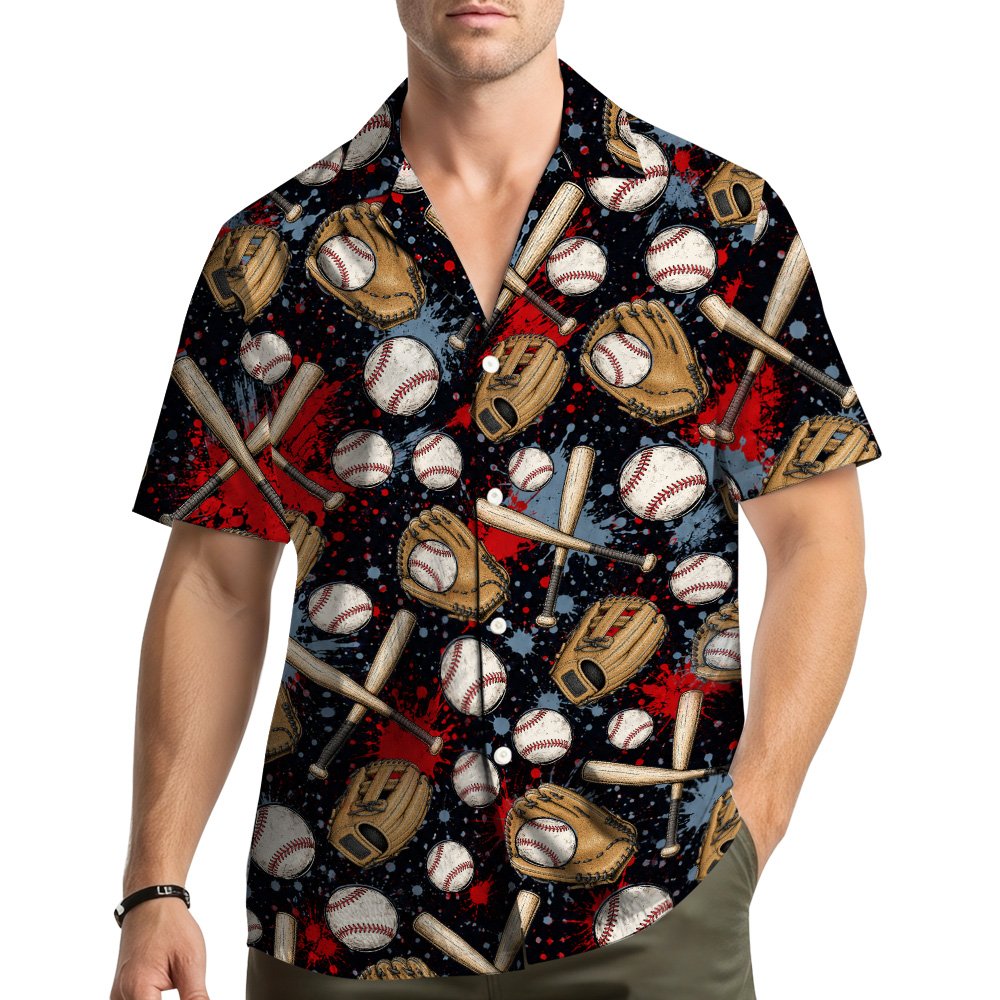 Lifestyle view of a model wearing the baseball hawaiian shirt outdoors
