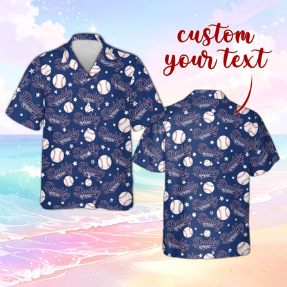 Navy baseball hawaiian shirt front view displaying custom elements