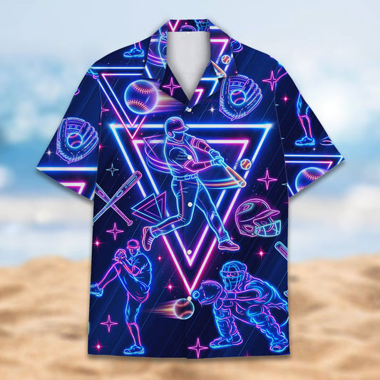 Navy baseball hawaiian shirt with neon players design, main view