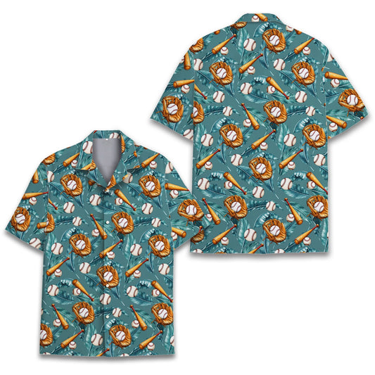 Baseball tropical hawaiian shirt with teal palm leaves and baseball graphics