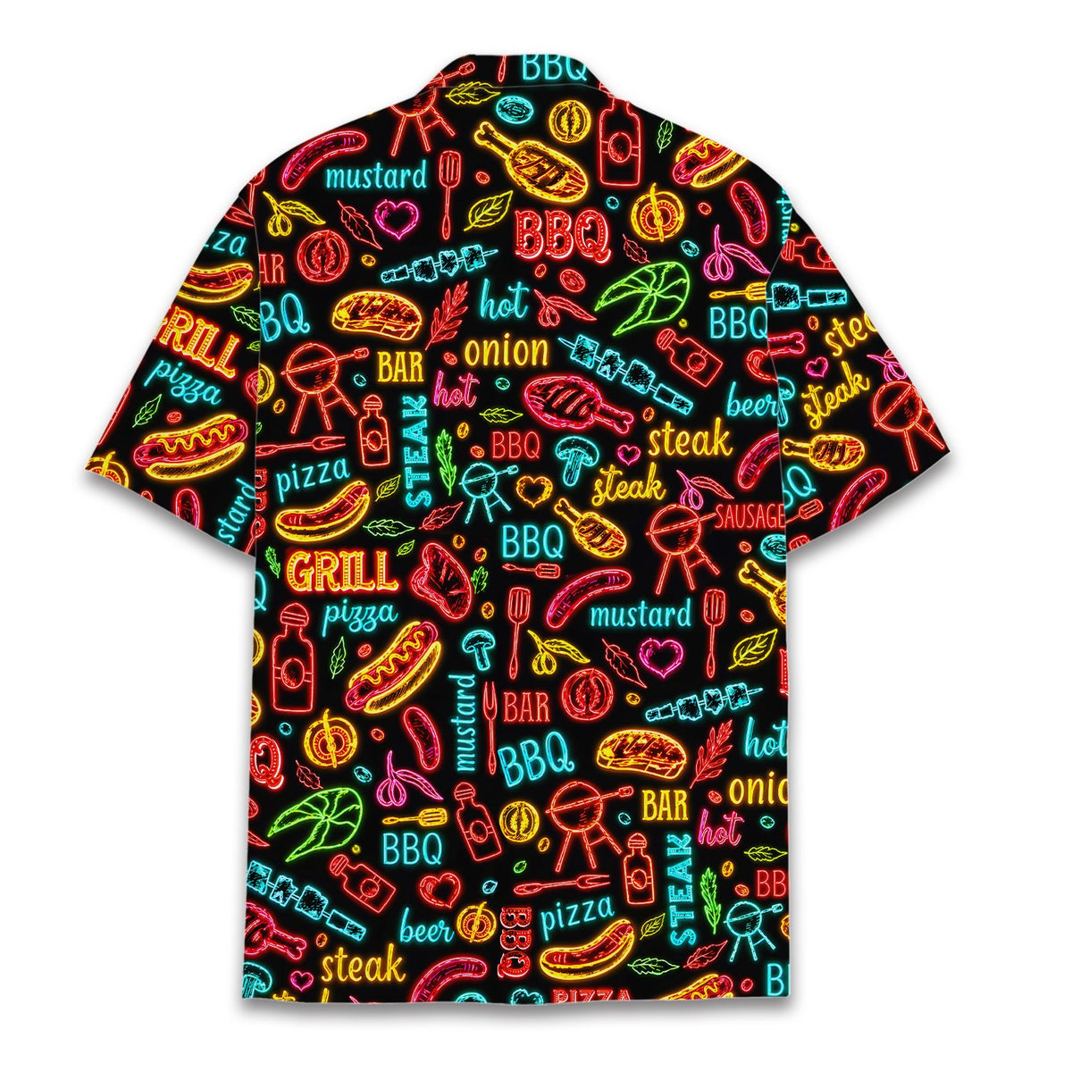 Black bbq hawaiian shirt with neon grill print, back view