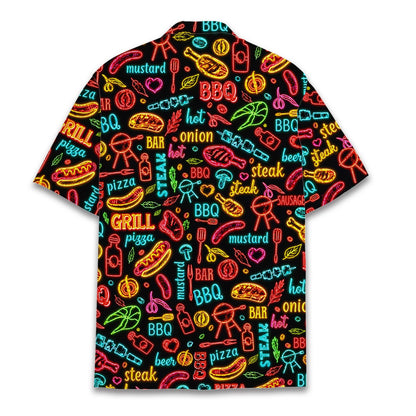 Black bbq hawaiian shirt with neon grill print, back view