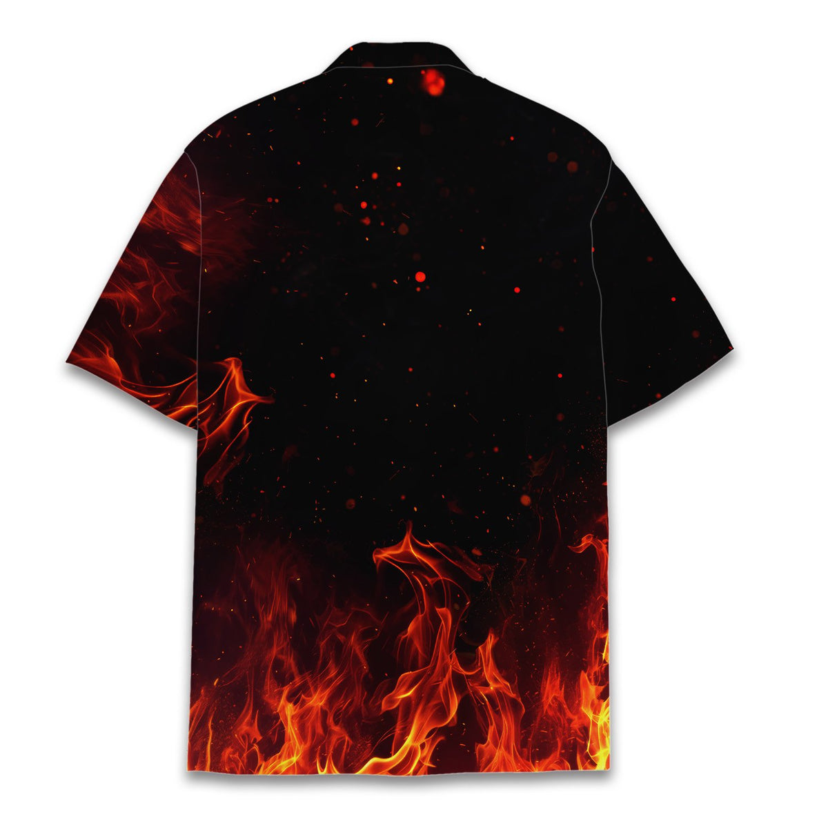 Back view of the dark Hawaiian shirt with flame pattern.