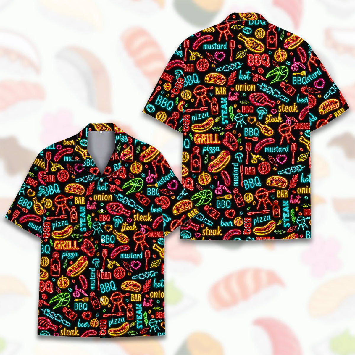 Matching family hawaiian shirt neon BBQ print, front detail